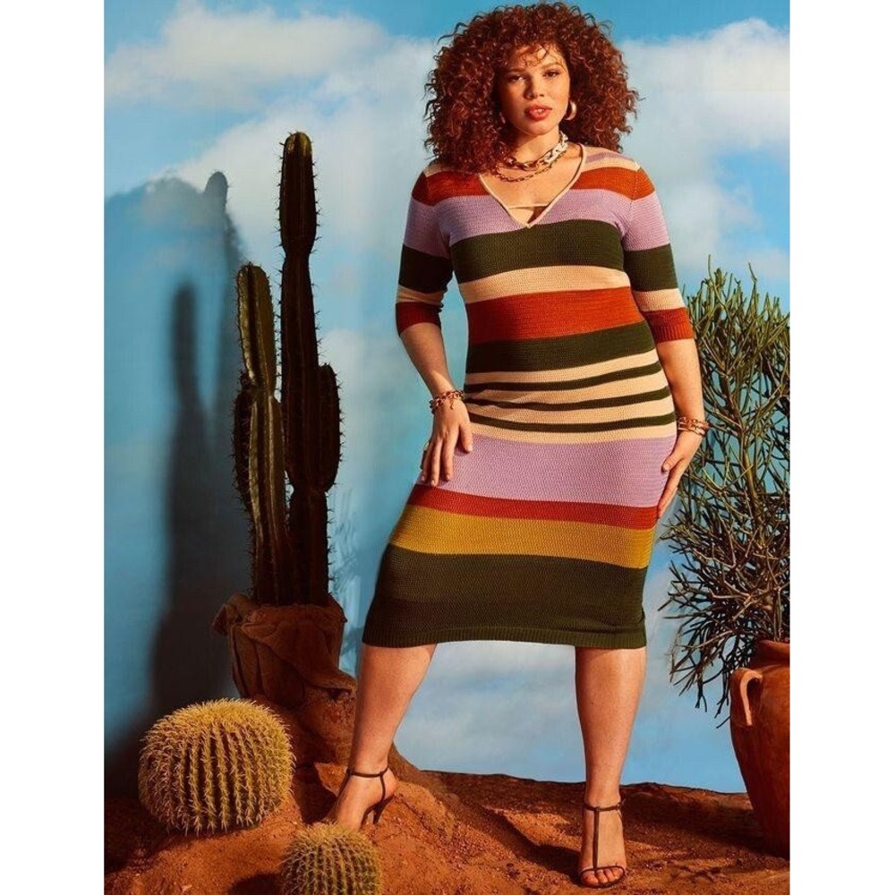 Eloquii Elements Sweater Dress Womens 18/20 Multicolor Striped Knit V Neck